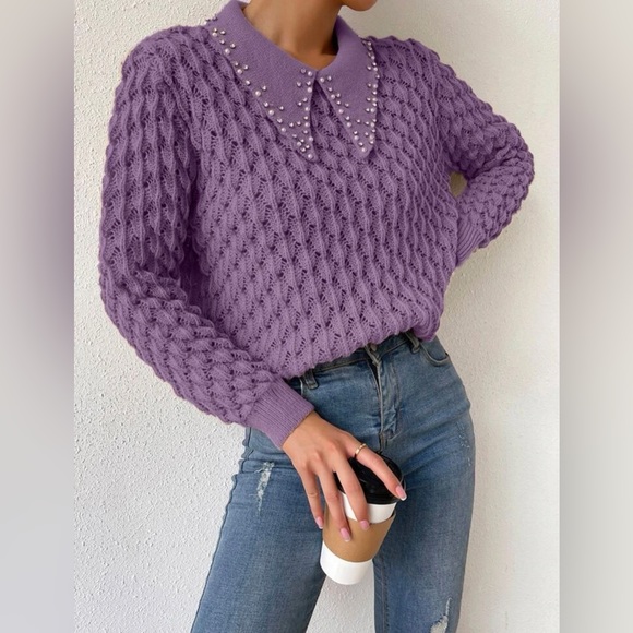 Purple Pointelle Knit Rhinestone Faux Pearl Sweater - Picture 5 of 6